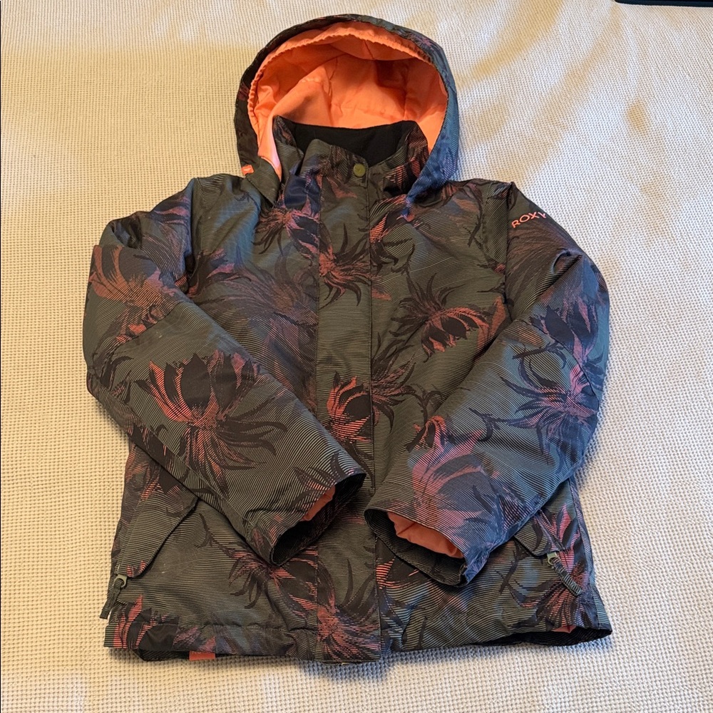 Roxy Girls' Dark Gray Floral Puffer Ski Jacket with Orange Lining